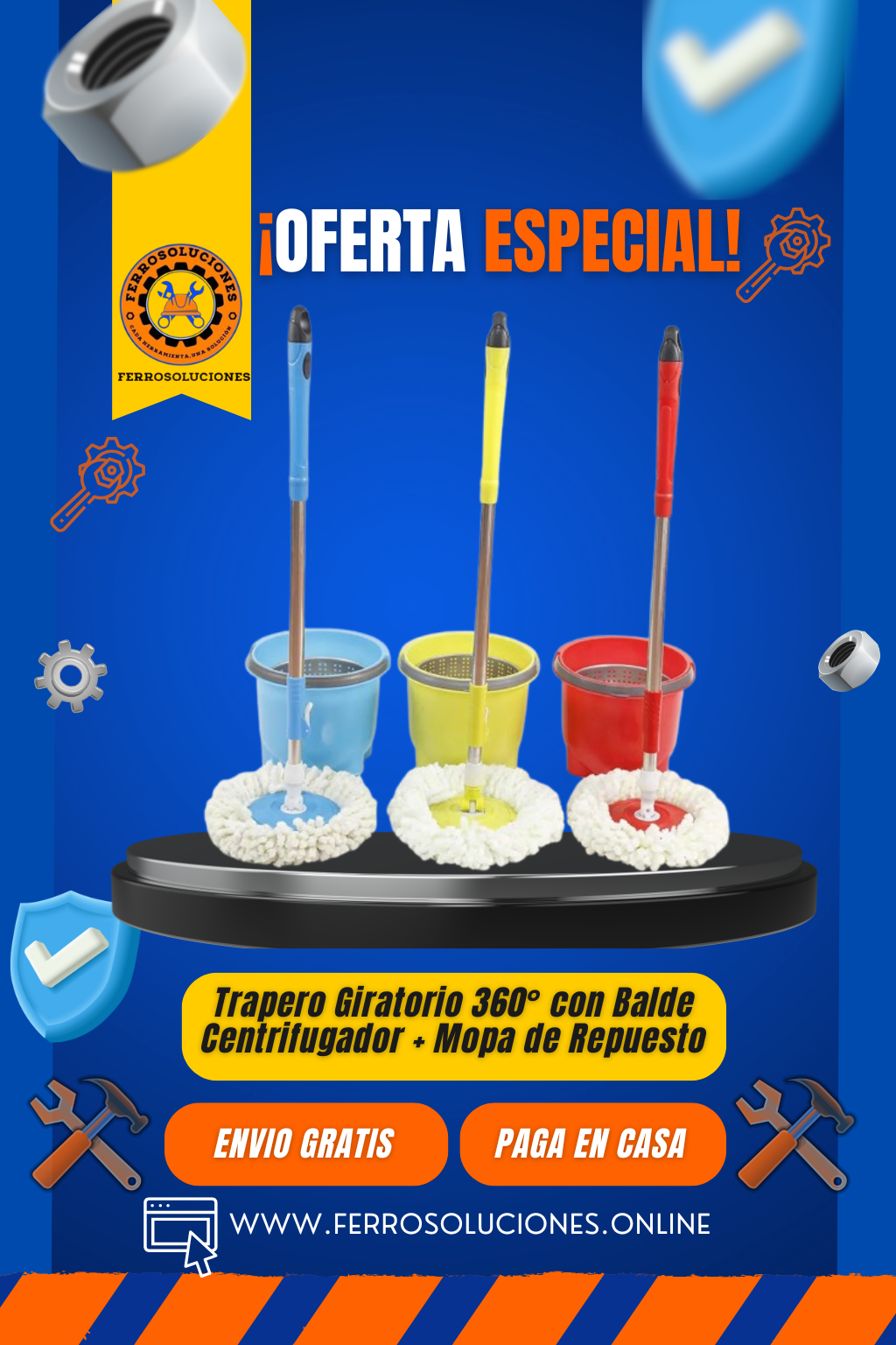 Trapero Giratorio 360° con Balde Centrifugador + Mopa de Repuesto